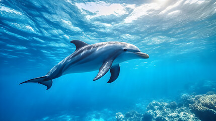 Naklejka premium Dolphin swimming underwater in blue ocean with sunlight filtering through