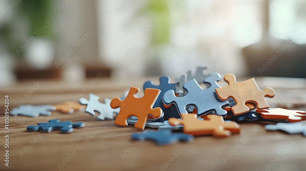 Leinwandbilder Colorful puzzle pieces of various shapes and sizes scattered across a wooden table creating a visually interesting still life with soft shadows and a conceptual creative atmosphere