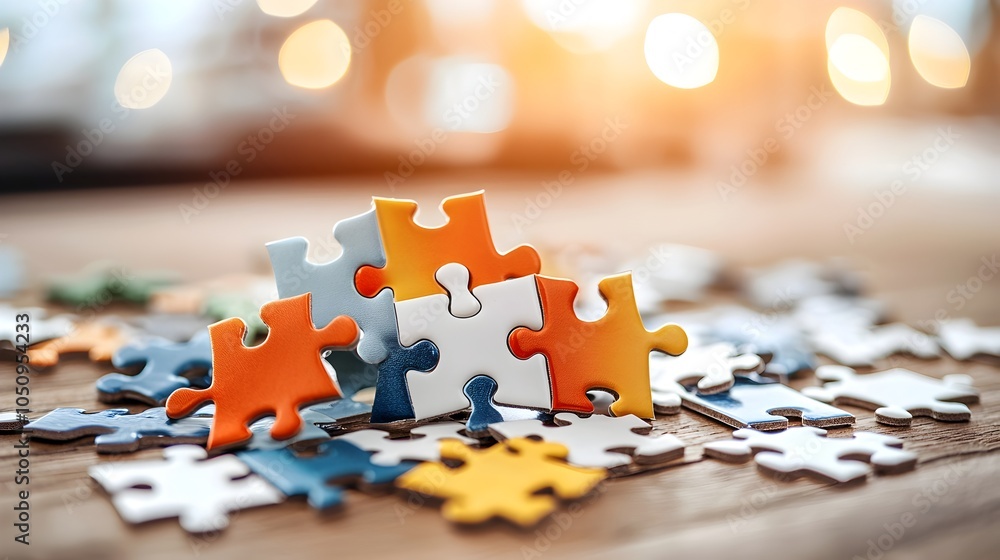 Poster Vibrant colorful puzzle pieces of various shapes and sizes scattered across a wooden table casting soft shadows and creating an abstract graphic design