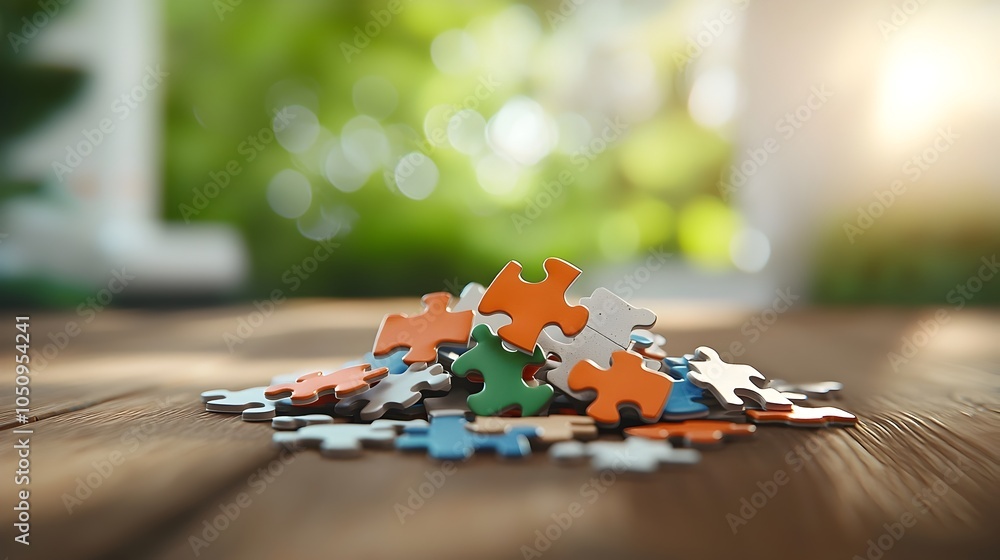 Aufkleber Scattered array of vibrant geometric puzzle pieces of various shapes and sizes on a rustic wooden table casting soft shadows and creating an abstract textured composition