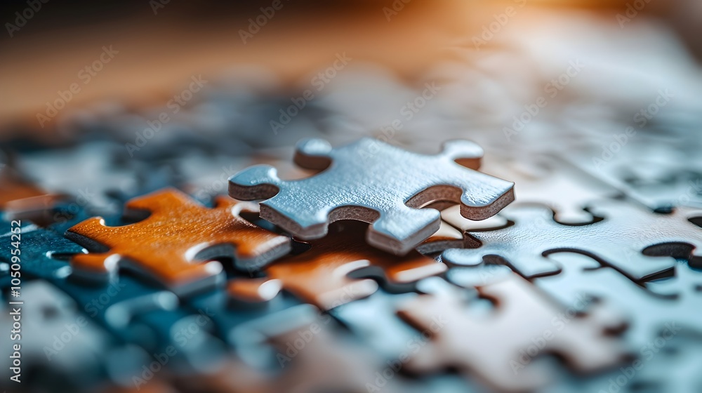 Poster Partially completed puzzle with missing pieces exposing a captivating and intricately designed pattern underneath with vibrant colors and soft harmonious lighting