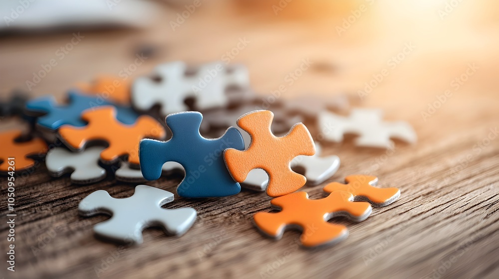 Aufkleber A colorful arrangement of various sized and shaped puzzle pieces scattered across a wooden table casting soft shadows and creating an abstract creative design