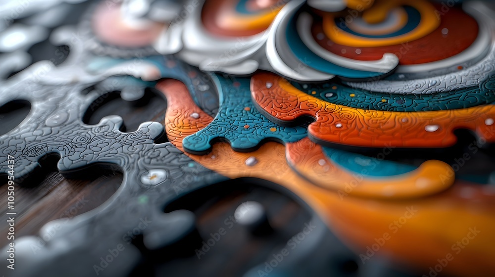 Poster abstract puzzle pieces in mid assembly each displaying a different vivid pattern coming together to 