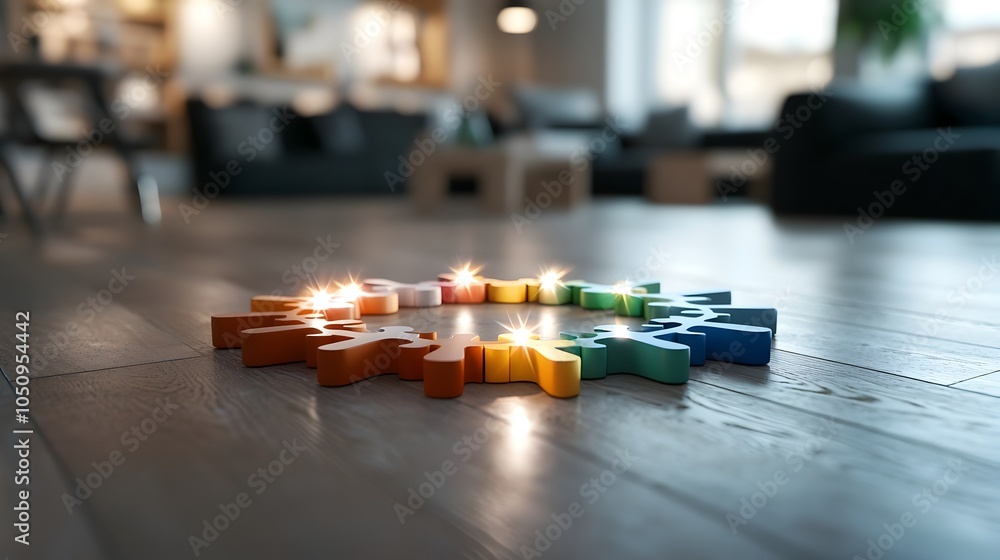 Poster colorful and glowing puzzle pieces arranged in a circular pattern symbolizing unity connection and h