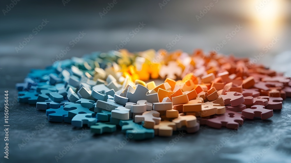 Poster Glowing puzzle pieces in a circular arrangement symbolizing unity and interconnection with soft lighting and shadows creating a serene and creative atmosphere