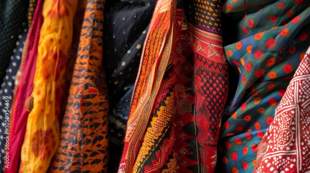 Poster a collection of vibrant traditional fabrics showcasing intricate patterns and designs from various c