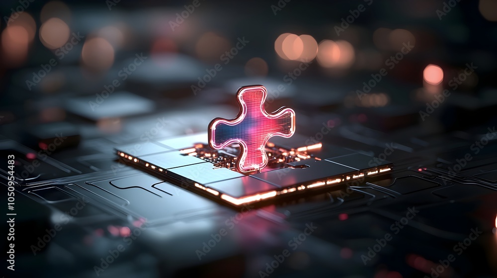Fototapete Futuristic Glowing Neon Puzzle Design with Interlocking High Tech Abstract Shapes Forming a Sleek Luminous and Interconnected Digital Artwork