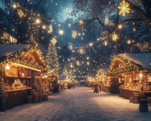 Fototapeta premium Christmas market with glowing AR product details, vibrant festive street, dynamic lighting, photorealistic