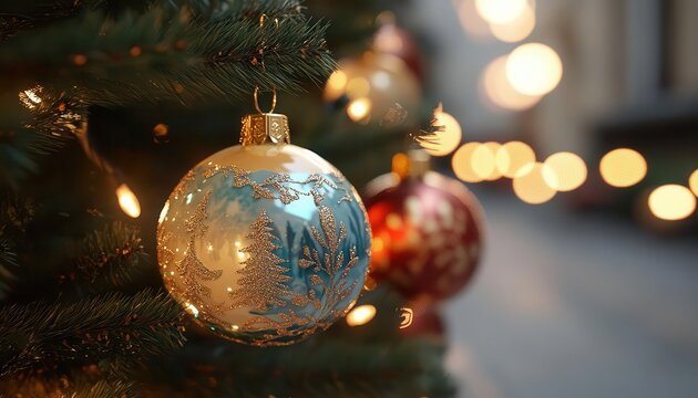 Christmas ornaments with glowing AR design customization, cozy indoor holiday tree, soft warm lighting, photorealistic