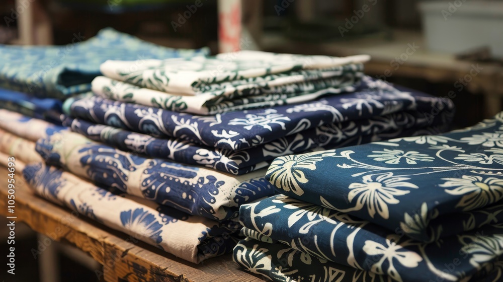 Poster a selection of stacked patterned fabrics in varying shades of blue and white, neatly arranged on a w