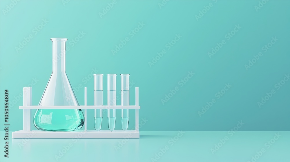 Poster sleek and minimalist science research laboratory setting with flask and test tube prominently featur