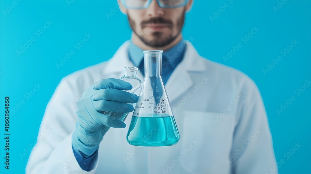 Poster modern research lab interior with scientist conducting experiments and testing new solutions in a br