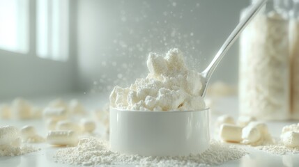 Whey protein supplement scoop. Protein powder background