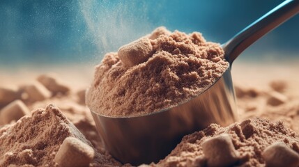 Whey protein supplement scoop. Protein powder background