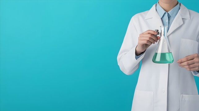 Bright and Airy Research Laboratory Scene with Scientist Holding Flask and Testing New Solutions for Scientific Breakthrough