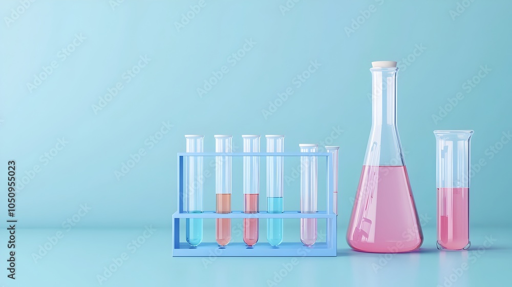 Poster Cutting Edge Laboratory Setting with Ongoing Flask and Test Tube Experiments Taking Place Against a Sleek Professional Blue Banner Background that Enhances the Clean Modern Aesthetic