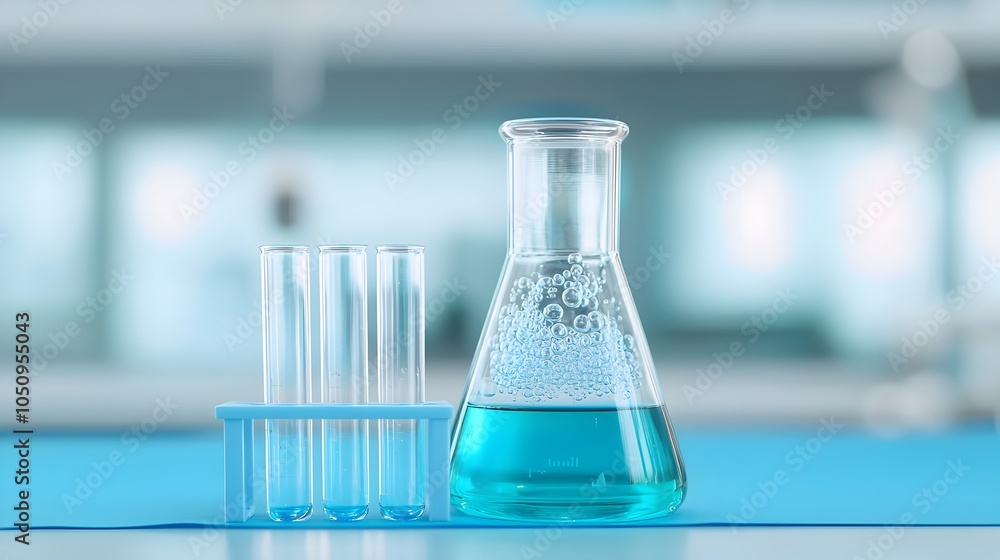 Aufkleber close up of bubbling glass flask and test tube on desk in blue bannered laboratory environment ideal