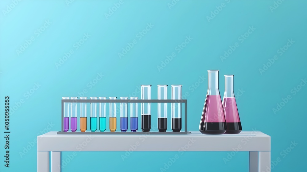 Aufkleber Futuristic science laboratory workspace with an arrangement of test tubes and flasks on a workbench set against a blue banner background representing scientific research experiments