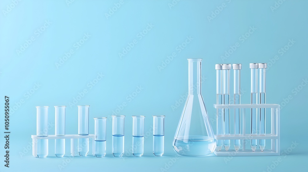 Poster arrangement of flasks and test tubes in a clinical laboratory setting with a soft blue backdrop idea