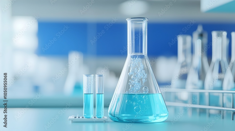 Poster close up view of a bubbling glass flask and test tube against a blue tinted background in a modern r