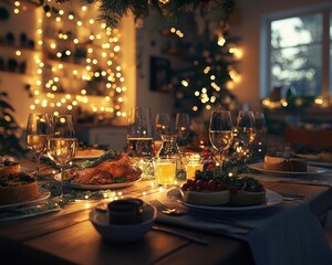 Festive dinner table with glowing AR meal details and decoration ideas, cozy indoor holiday setting, soft warm lighting, photorealistic