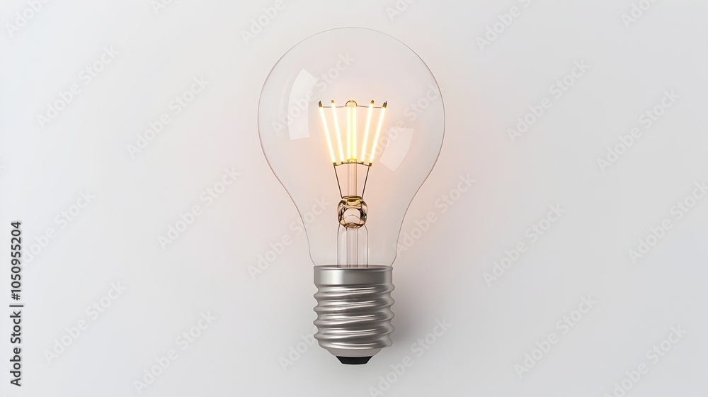 Poster 3D rendered lightbulb with a bright glowing filament positioned against a clean white background  This image is perfect for use in product advertisements presentations
