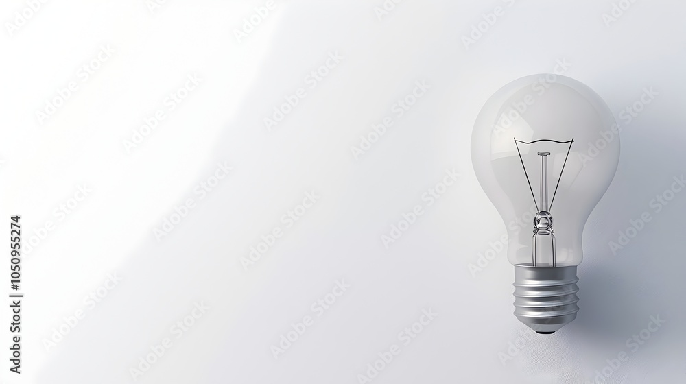 Poster Highly detailed and sharp 3D rendering of a single illuminated lightbulb against a minimalist white background representing ideas innovation and creative solutions