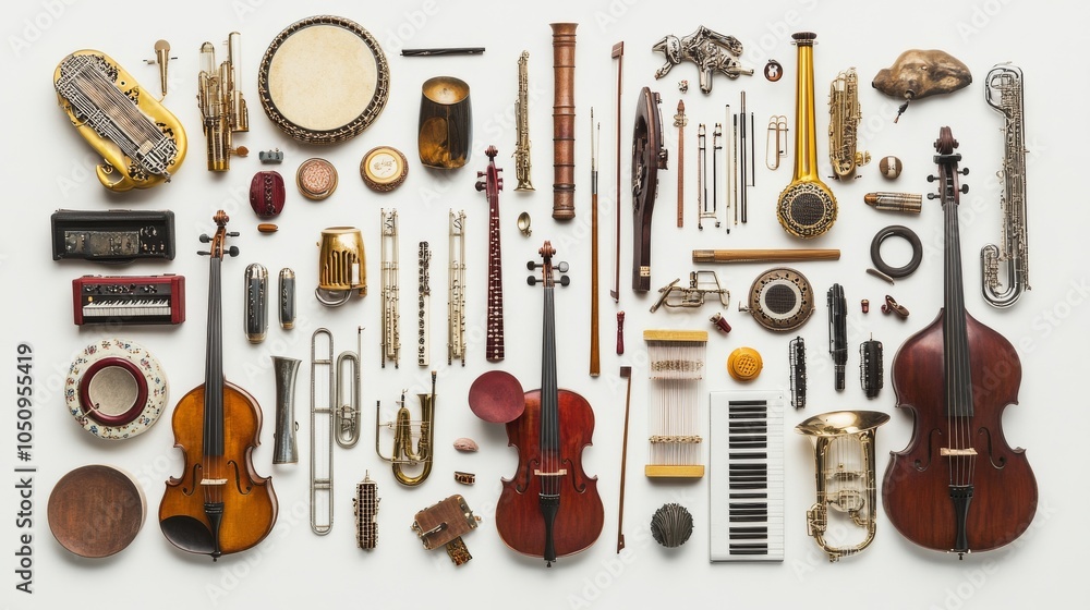 Aufkleber An inspiring image of a diverse array of musical instruments arranged in a visually appealing pattern, Symbolizing the harmony and richness achieved through incorporating different cultural sounds