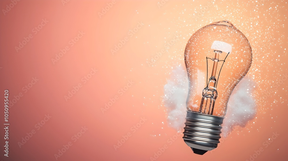 Poster glowing lightbulb surrounded by shimmering sparkles and hazy mist set against a soft gradient backgr