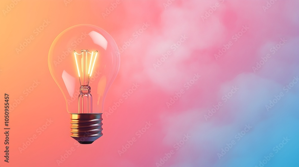 Poster glowing lightbulb shining brightly in a misty atmospheric setting with a smooth gradient background 