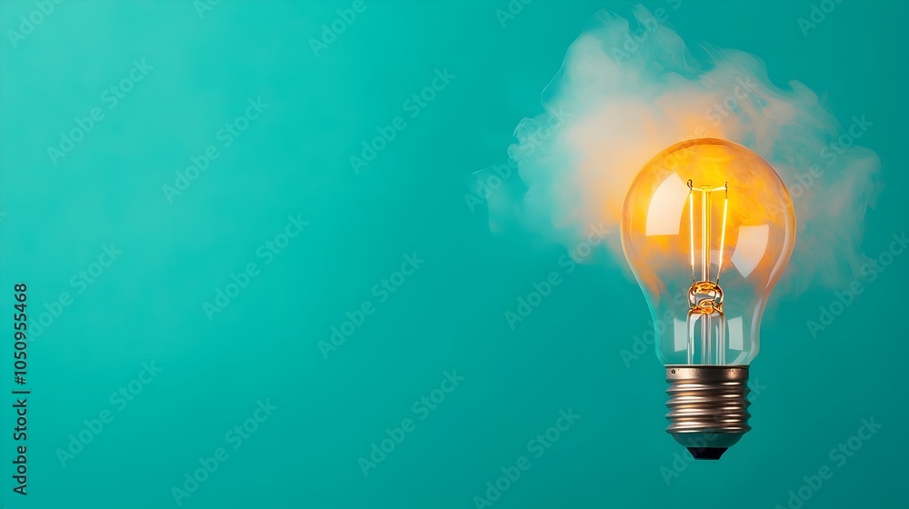 Poster Captivating image of a glowing lightbulb emitting a soft sparkling glow within a misty atmospheric backdrop featuring a smooth gradient color transition