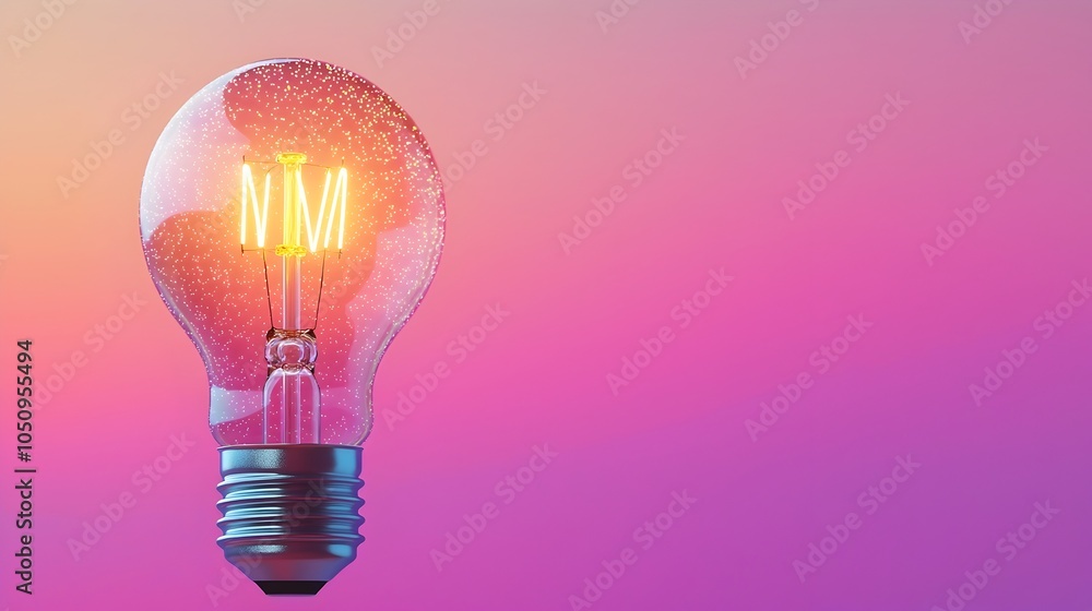 Poster close up of an illuminated lightbulb glowing with sparkles against a gentle gradient backdrop creati