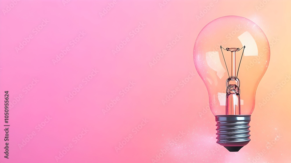 Poster Ethereal glowing lightbulb surrounded by shimmering sparkles and misty haze set against a soft gradient background that evokes a sense of innovation creativity and technological advancement