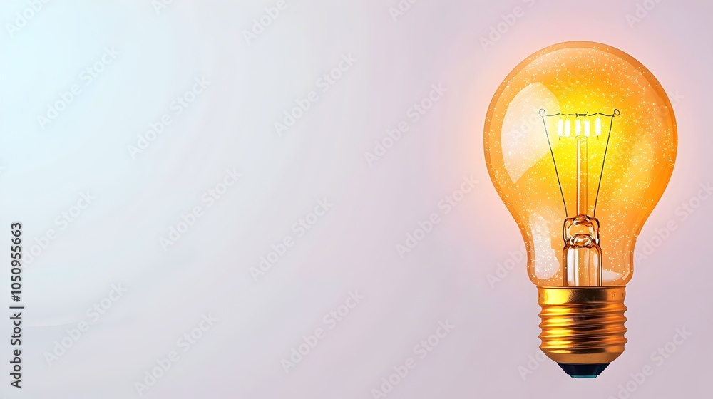 Poster Glowing radiant lightbulb shining brightly in a misty atmospheric setting with subtle sparkles on a smooth gradient background creating a modern