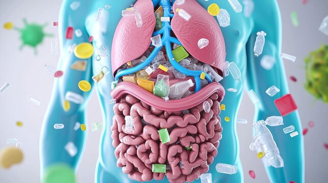 Micro Plastics Human with plastic particles in digestive system, health awareness, flat design illustration