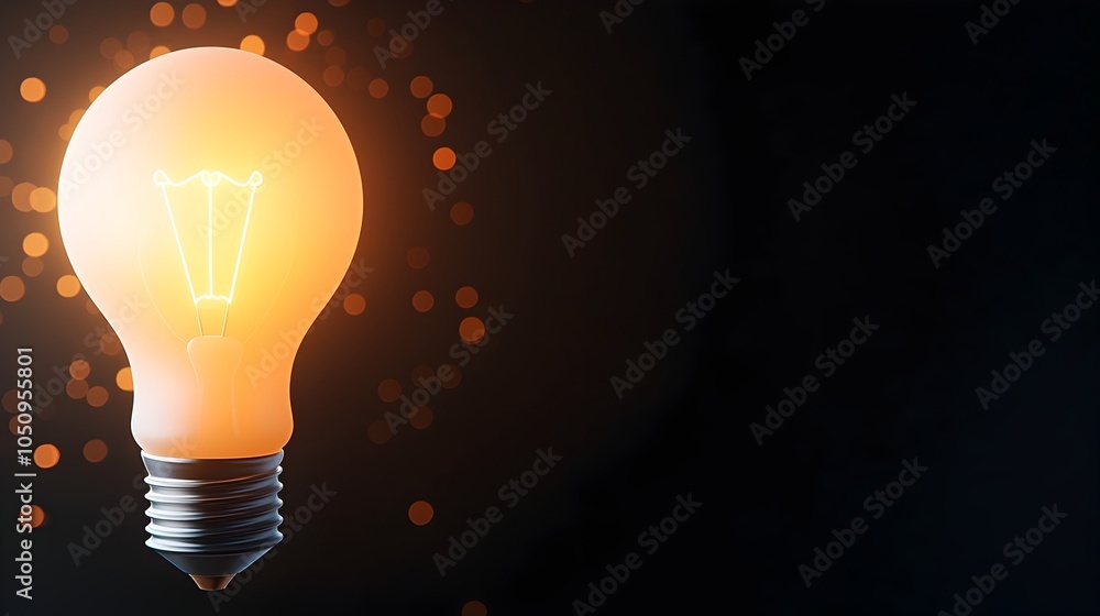 Poster Detailed 3D rendering of a glowing lightbulb on a dark background symbolizing innovation and by a warm blurred bokeh glow for a conceptual creative image