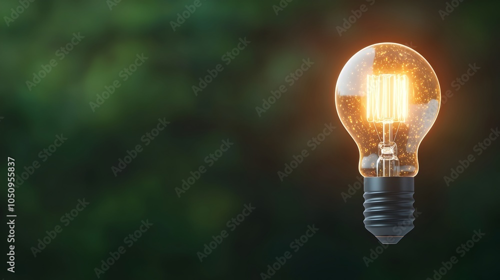 Poster Radiant lightbulb illuminating a dark scene with a soft golden bokeh effect creating a 3D rendered visual that is perfect for creative and business related imagery