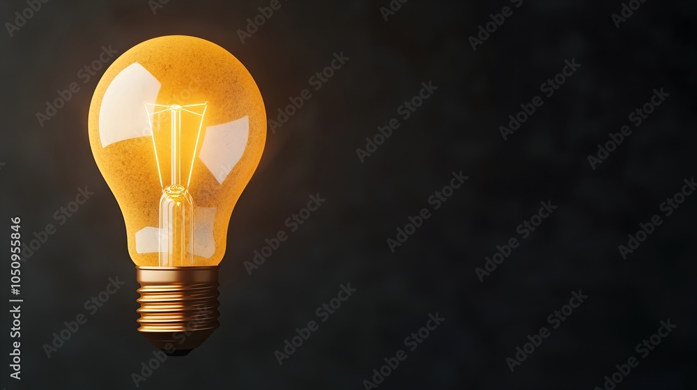 Poster Shining light bulb with a warm bokeh effect on a black background 3D rendering symbolizing the creative energy and bright ideas that inspire innovation and discovery