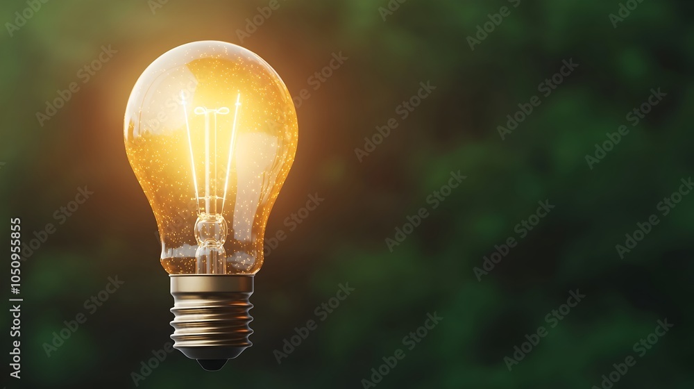 Poster Radiant glowing lightbulb illuminating a dark moody scene with soft golden bokeh visual effect  Perfect for creative and business related visuals presentations and digital content