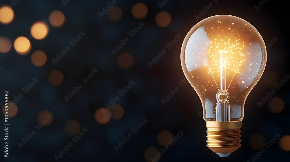 Poster glowing lightbulb with warm golden bokeh on dark background symbolizing creativity breakthrough idea