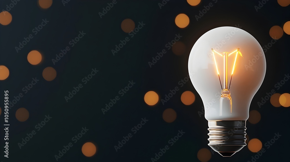 Poster close up of a glowing lightbulb against a dark background with warm golden bokeh symbolizing breakth