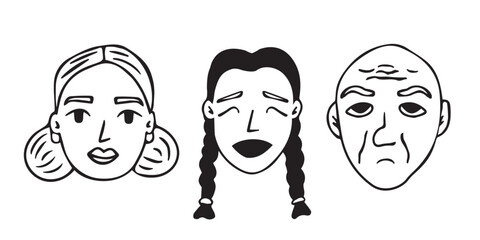 Two women and one old man. Black white hand drawn people heads faces collection. Vector set of outline illustrations on white background