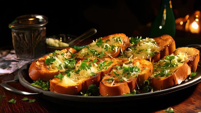 French garlic bread baguette warm slices spread with garlic butter snack
