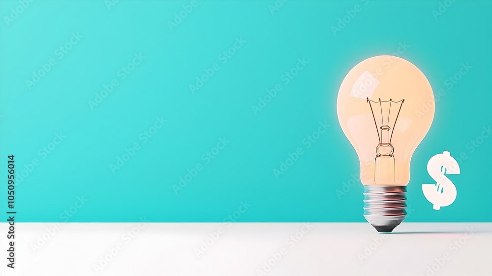 Poster 3D rendering of a glowing lightbulb on a white and blue background with a creative holographic dollar sign floating beside it perfect for business finance and investment related visuals and concepts