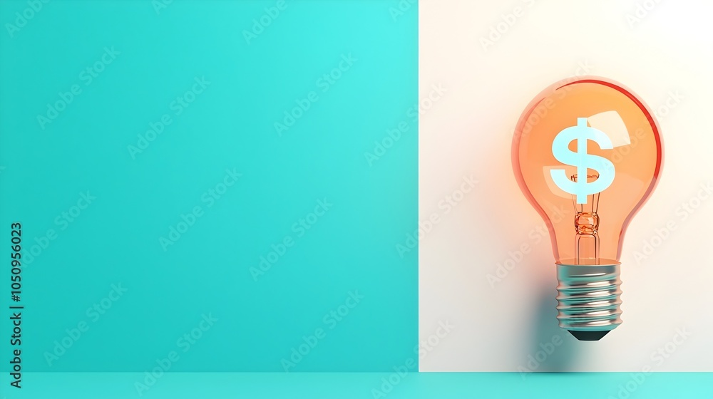 Poster Innovative 3D rendering of a glowing lightbulb on a white and blue background with a creative holographic dollar sign floating beside it symbolizing financial growth investment opportunities