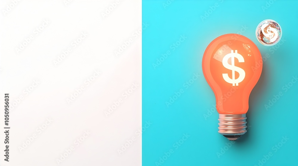 Leinwandbilder 3D rendering of a glowing illuminated lightbulb on a white and blue background with a creative futuristic holographic dollar sign floating beside it representing innovative business concepts