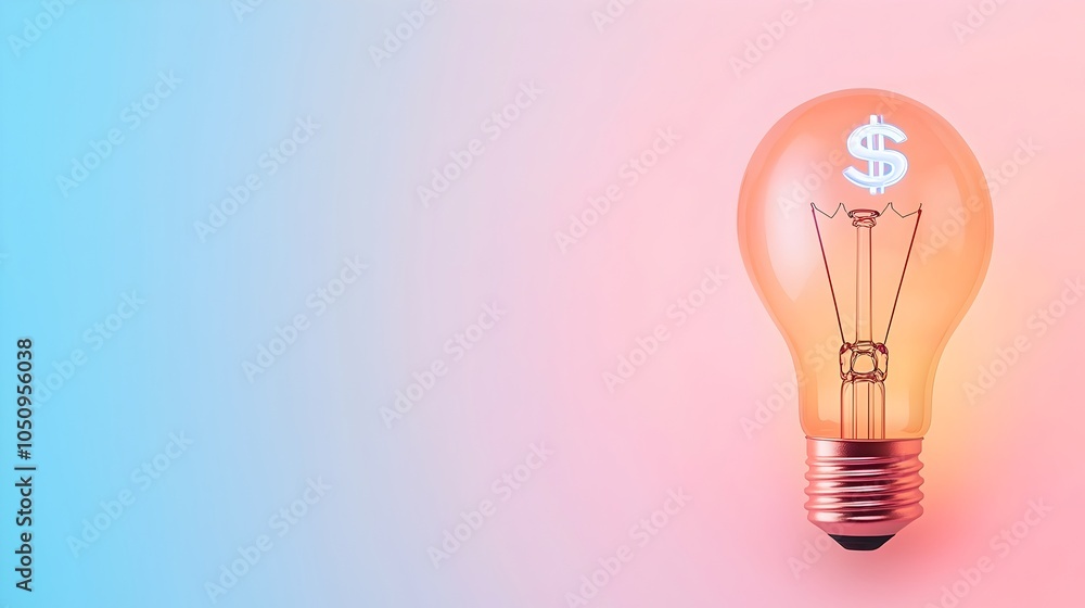Poster Illuminated lightbulb against a clean white and blue gradient background with a floating holographic dollar sign representing innovative financial and business concepts ideas and solutions
