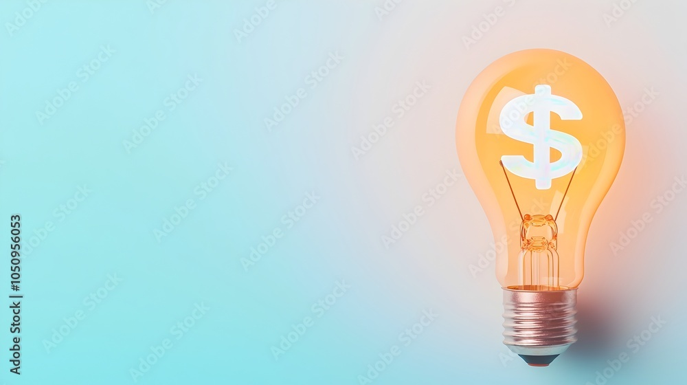 Poster glowing lightbulb symbolizing an innovative idea accompanied by a floating holographic dollar sign s