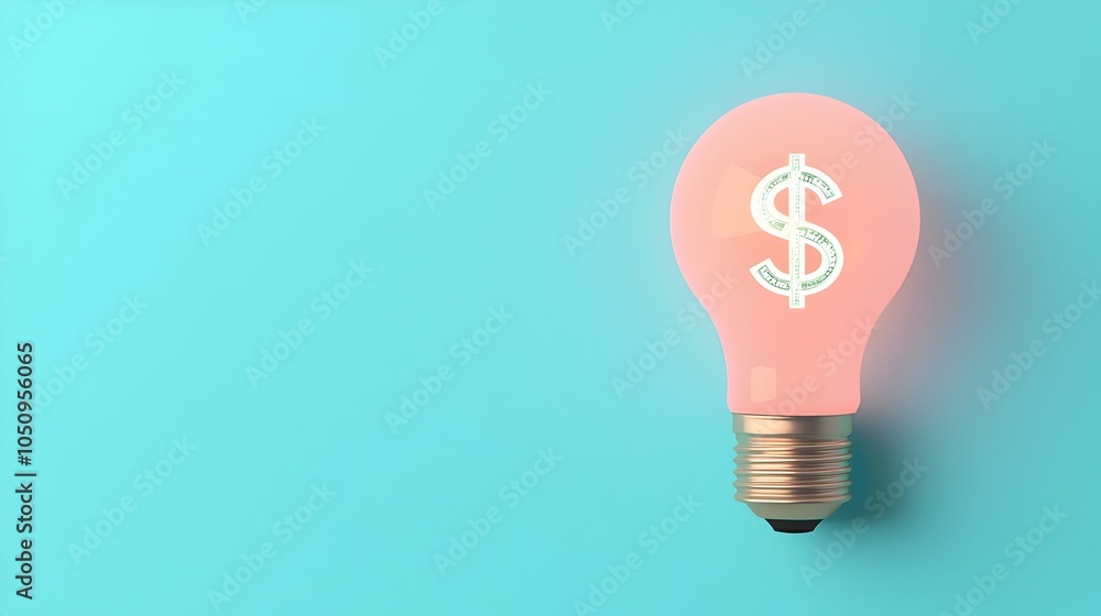Poster Captivating 3D rendering of a glowing lightbulb on a clean blue and white background featuring a floating holographic dollar sign   an impactful visual metaphor for financial success