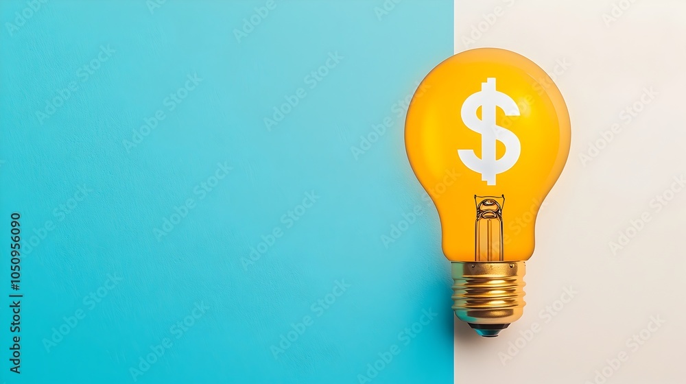 Poster Glowing illuminated 3D rendered lightbulb against a clean blue and white background featuring a floating holographic dollar sign symbol  This visually striking image is perfect for use in financial